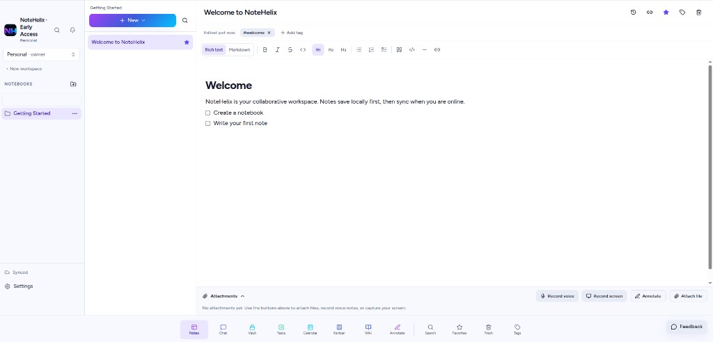 NoteHelix workspace with notebooks, a welcome note, and the module dock for notes, chat, tasks, calendar, and more